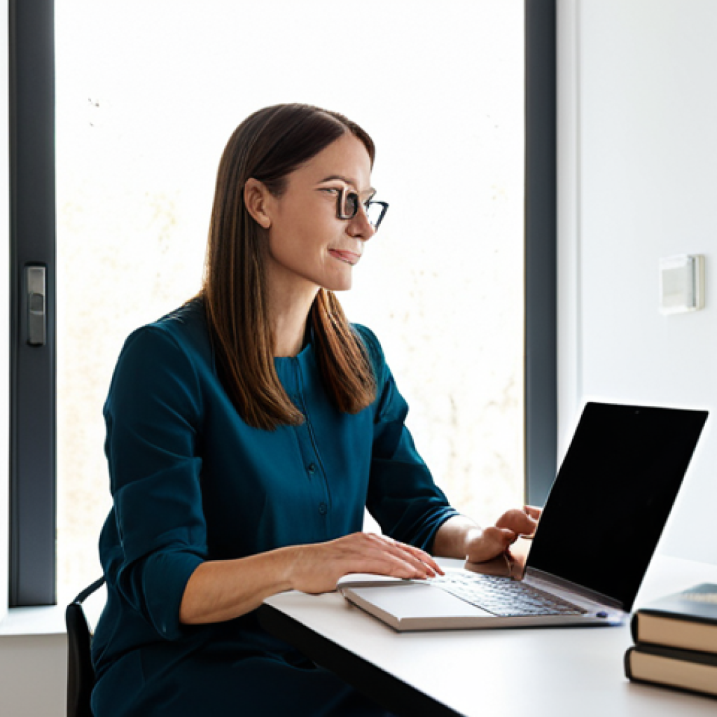 A professional adult, fully clothed in modest, comfortable business casual attire, sitting at a clean, minimalist desk in a modern, light-filled home office. The person is calmly closing a laptop, looking up with a serene, focused expression, embracing intentional living. A physical book is within reach. The environment suggests peace and order, with soft natural lighting filtering through a large window. Perfect anatomy, correct proportions, natural pose, well-formed hands, proper finger count, natural body proportions. Professional photography, high detail, high quality, safe for work, appropriate content, family-friendly.