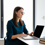 A professional adult, fully clothed in modest, comfortable business casual attire, sitting at a clean, minimalist desk in a modern, light-filled home office. The person is calmly closing a laptop, looking up with a serene, focused expression, embracing intentional living. A physical book is within reach. The environment suggests peace and order, with soft natural lighting filtering through a large window. Perfect anatomy, correct proportions, natural pose, well-formed hands, proper finger count, natural body proportions. Professional photography, high detail, high quality, safe for work, appropriate content, family-friendly.