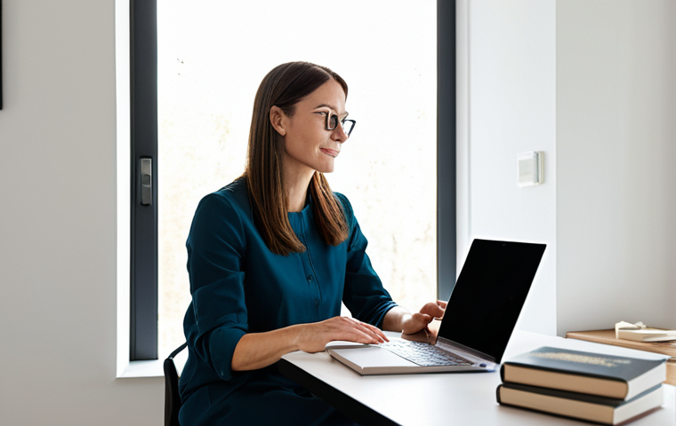 A professional adult, fully clothed in modest, comfortable business casual attire, sitting at a clean, minimalist desk in a modern, light-filled home office. The person is calmly closing a laptop, looking up with a serene, focused expression, embracing intentional living. A physical book is within reach. The environment suggests peace and order, with soft natural lighting filtering through a large window. Perfect anatomy, correct proportions, natural pose, well-formed hands, proper finger count, natural body proportions. Professional photography, high detail, high quality, safe for work, appropriate content, family-friendly.
