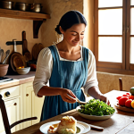 Home 6 **
"A woman practicing mindful eating in a sunlit Tuscan kitchen, fully clothed in a modest linen dress, enjoying a simple meal of fresh produce, safe for work, appropriate attire, perfect anatomy, natural proportions, family-friendly, high quality, professional food photography."
**