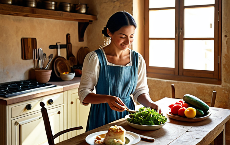 **
"A woman practicing mindful eating in a sunlit Tuscan kitchen, fully clothed in a modest linen dress, enjoying a simple meal of fresh produce, safe for work, appropriate attire, perfect anatomy, natural proportions, family-friendly, high quality, professional food photography."
**