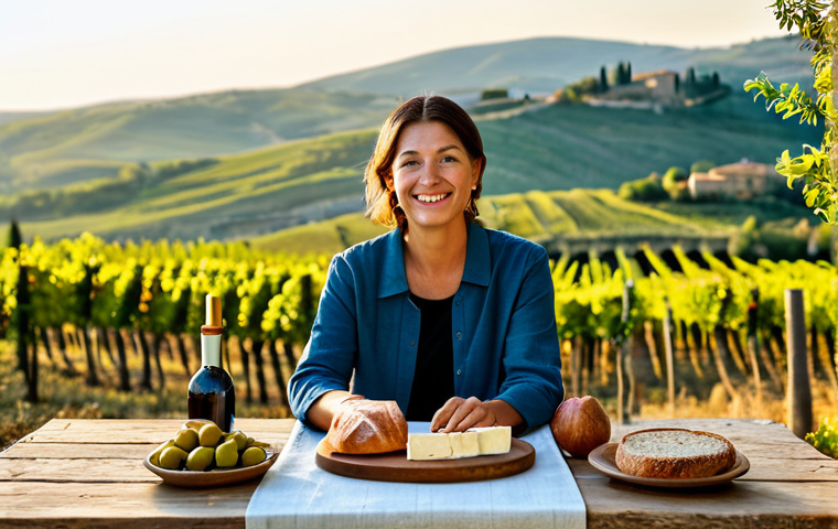 단순함의 철학과 지속 가능한 발전 - "Slow Living" in Tuscany**
"A sun-drenched scene in the Tuscan countryside, featuring a woman with ...