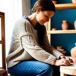 Home 4 단순함의 철학과 사회적 책임 - Pottery Studio Scene**
"A woman in a cozy, fully clothed knit sweater and jeans, sitting at a potte...