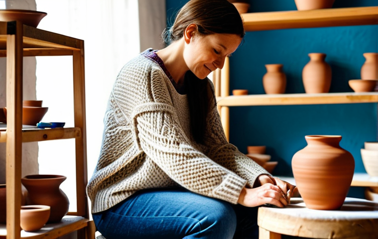 단순함의 철학과 사회적 책임 - Pottery Studio Scene**
"A woman in a cozy, fully clothed knit sweater and jeans, sitting at a potte...